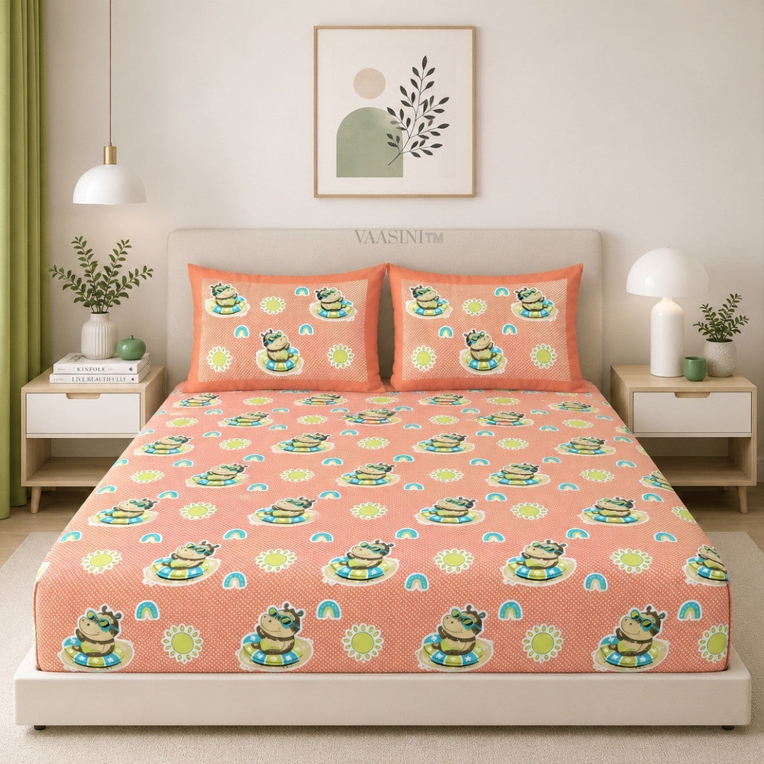 Summer Hippo Tangerine Orange Kids Bedsheet