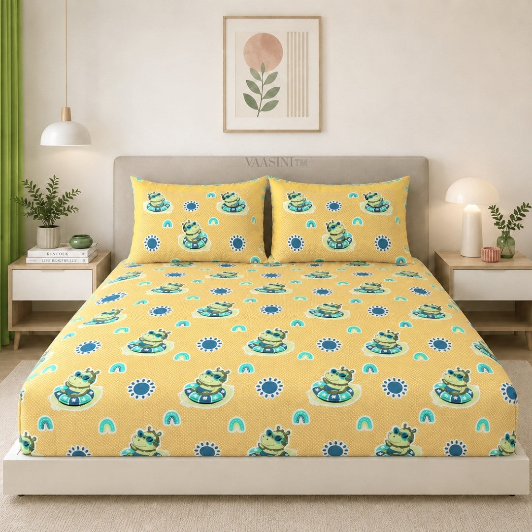 Summer Hippo Mustard Yellow Kids Bedsheet