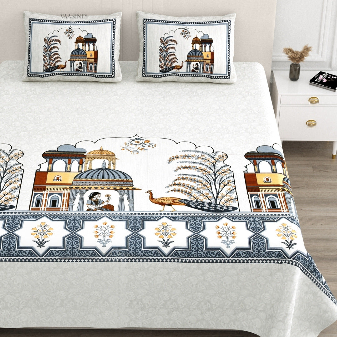 Palace Garden Indigo & Ochre Pure Cotton King Size Bedsheet