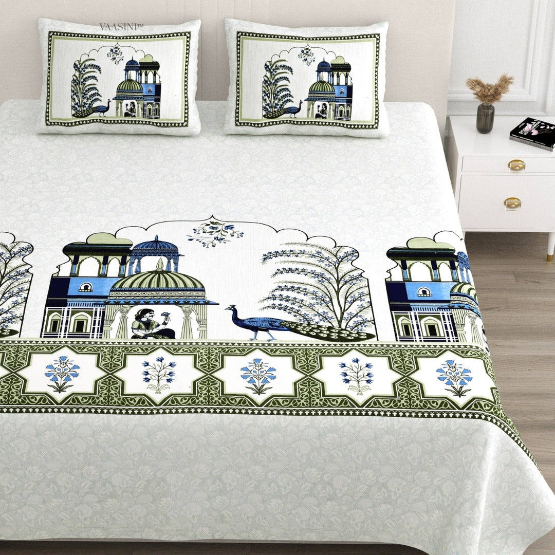 Palace Garden Emerald & Azure Pure Cotton King Size Bedsheet