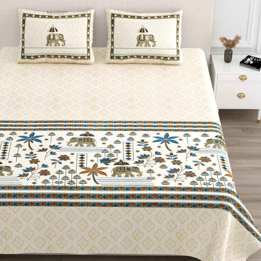 Grand Safari Teal & Desert Sand Pure Cotton King Size Bedsheet