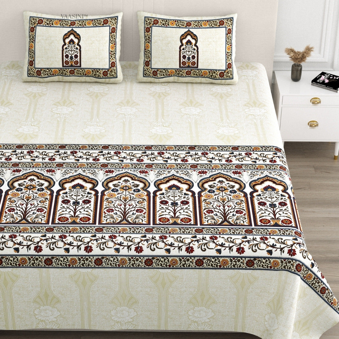 Classic Jharokha Rust & Charcoal Pure Cotton King Size Bedsheet