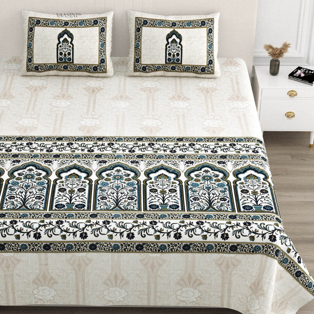 Classic Jharokha Prussian Blue & Sage Pure Cotton King Size Bedsheet