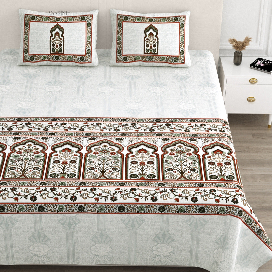 Classic Jharokha Deep Maroon & Olive Pure Cotton King Size Bedsheet