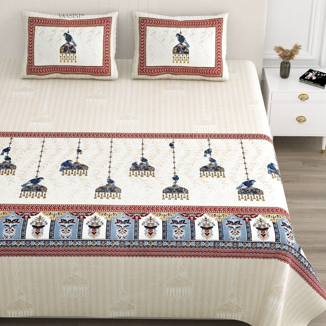 Royal Sapphire Bird Deep Red & Indigo Pure Cotton King Size Bedsheet