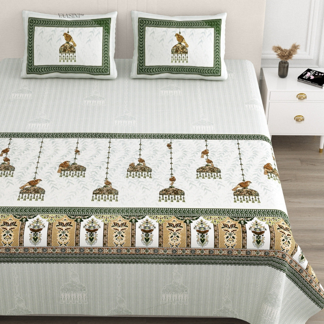 Royal Sapphire Bird Forest Green & Tan Pure Cotton King Size Bedsheet