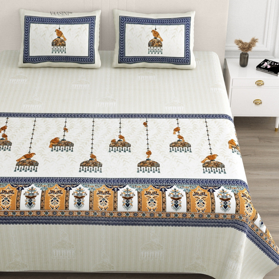 Royal Sapphire Bird Navy Blue & Ochre Pure Cotton King Size Bedsheet