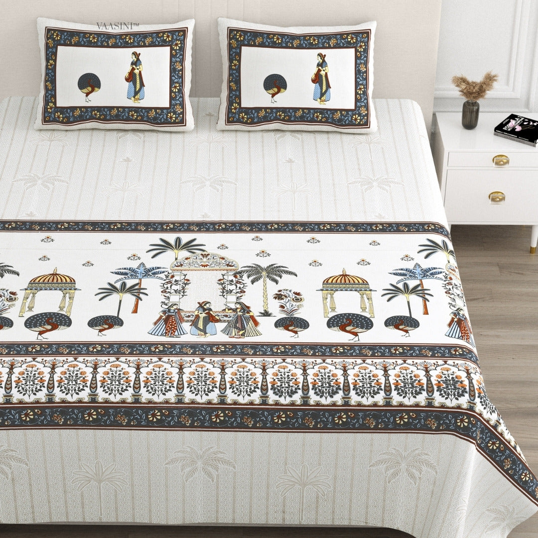 Golden Era Darbar Slate Blue & Terracotta Pure Cotton King Size Bedsheet