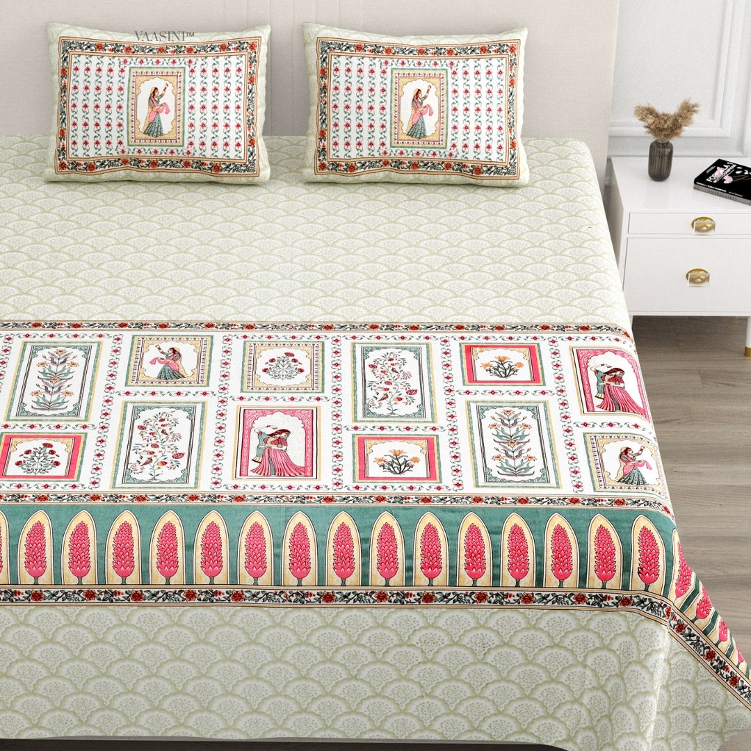 Festive Ghoomar Emerald & Pink Rose Pure Cotton King Size Bedsheet