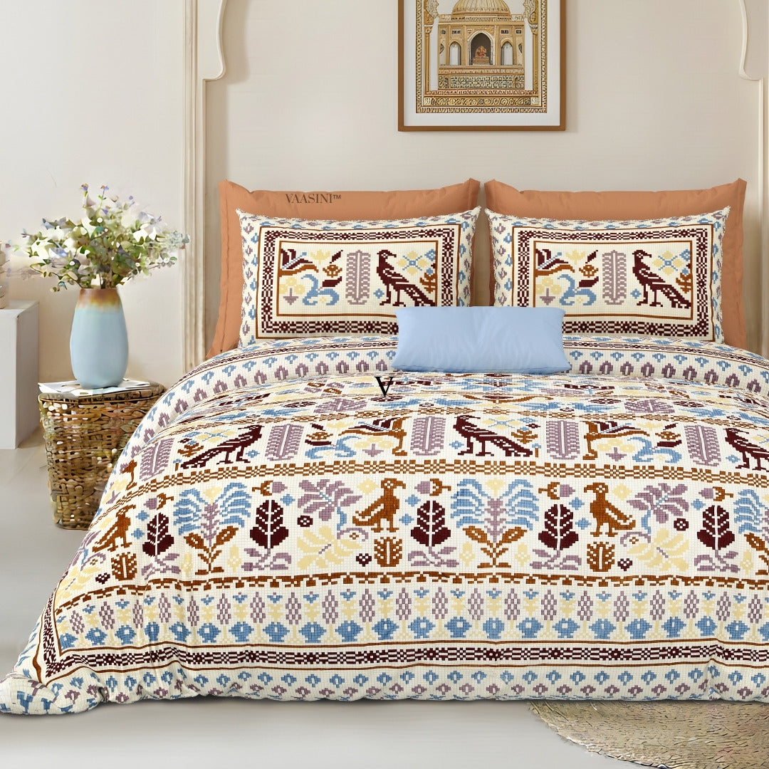 Royal Avian Terracotta & Indigo Pure Cotton King Size Bedsheet