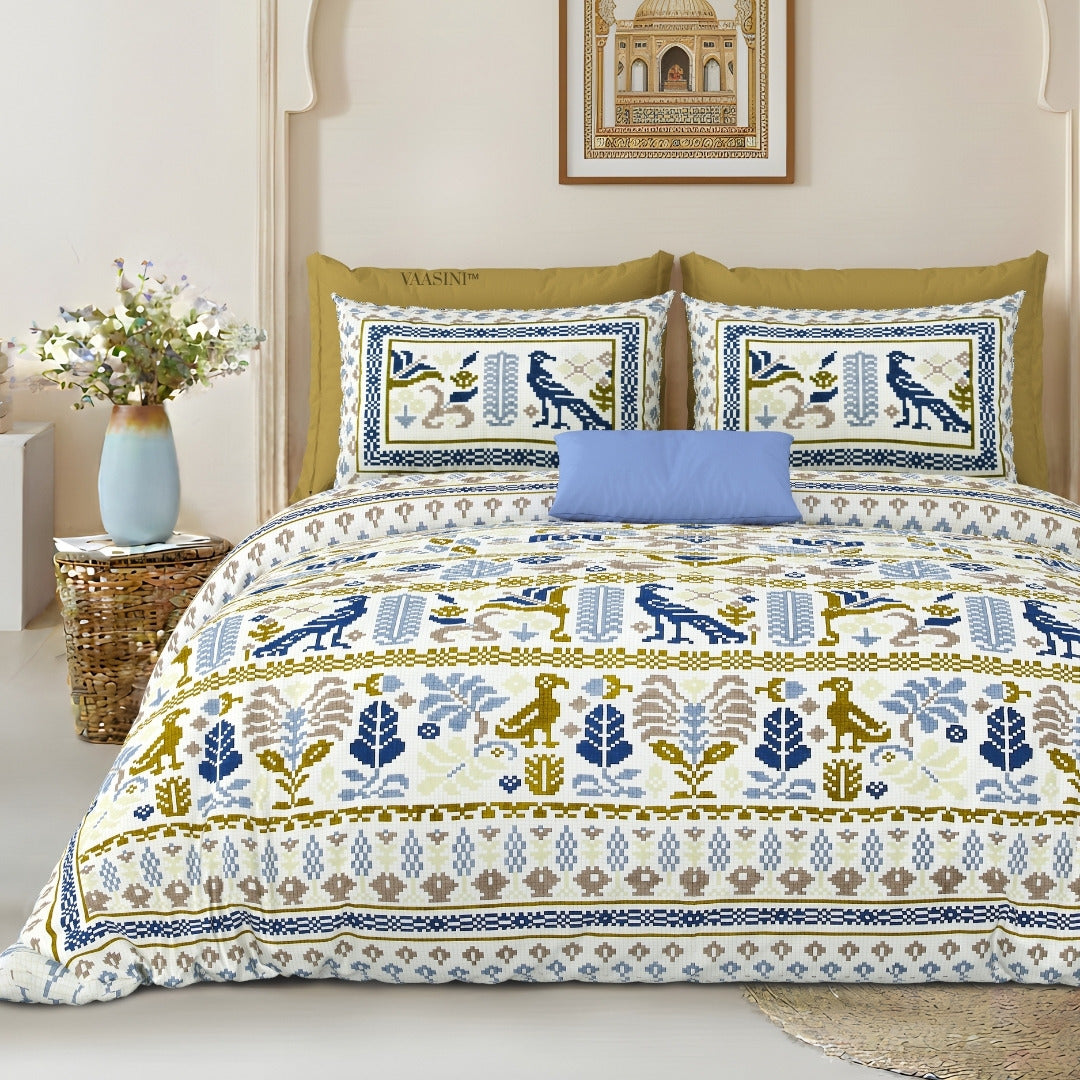 Royal Avian Mustard & Navy Pure Cotton King Size Bedsheet
