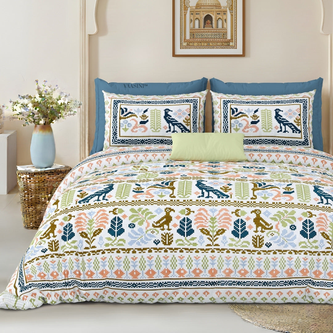 Royal Avian Sage & Teal Pure Cotton King Size Bedsheet
