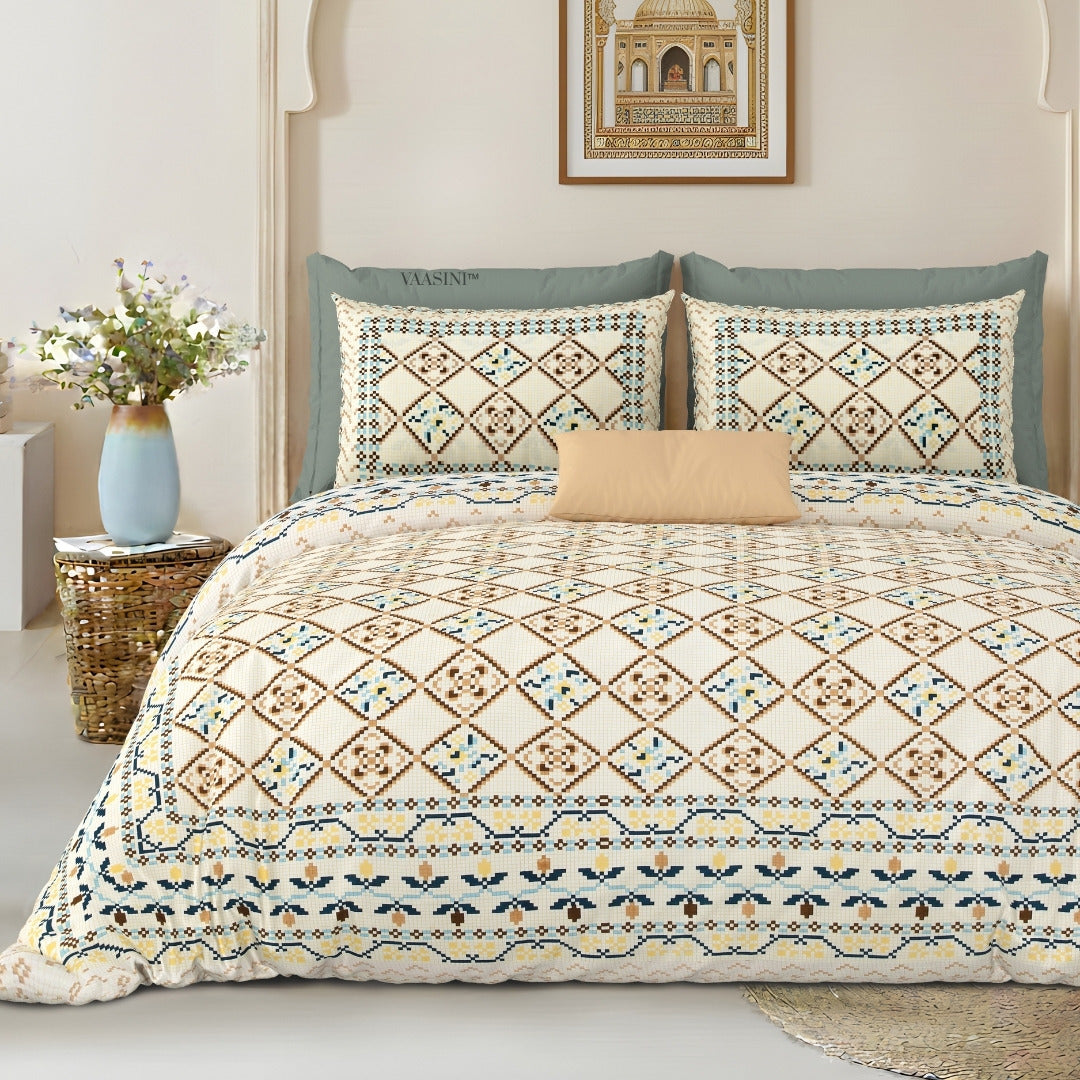 Geometric Lattice Olive & Sand Pure Cotton King Size Bedsheet