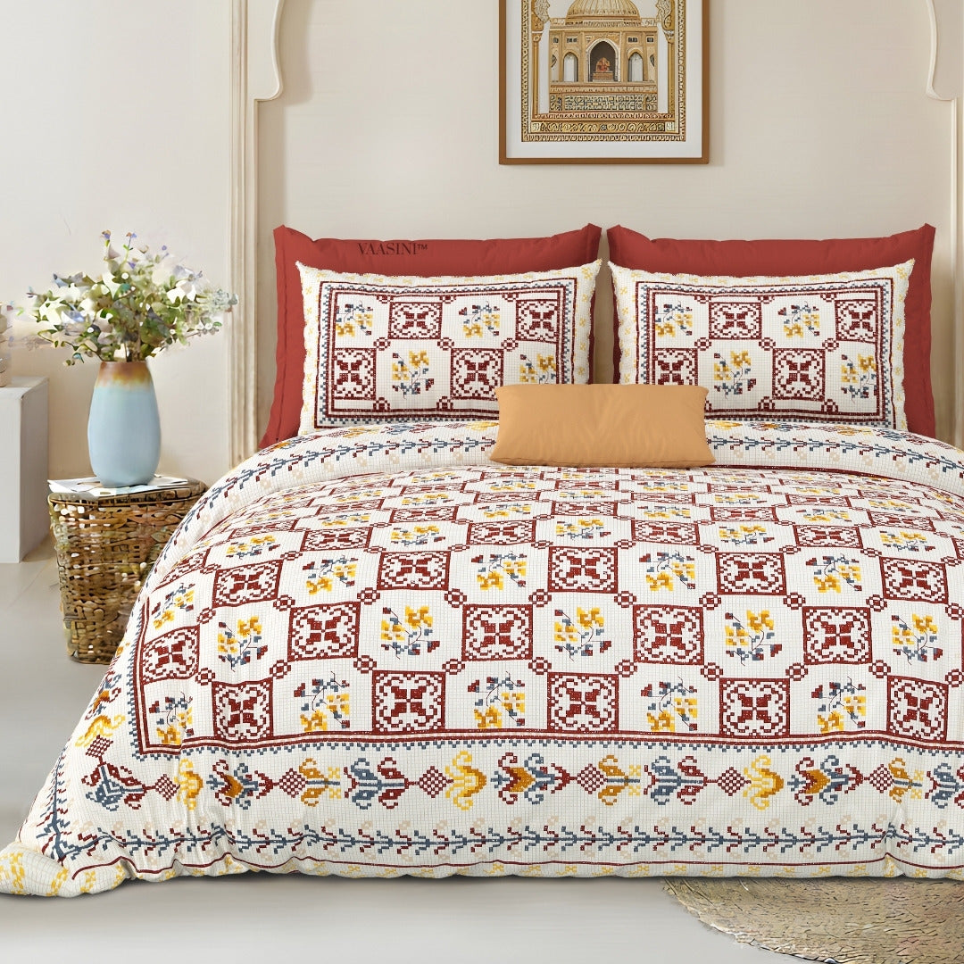 Heritage Square Crimson & Amber Pure Cotton King Size Bedsheet