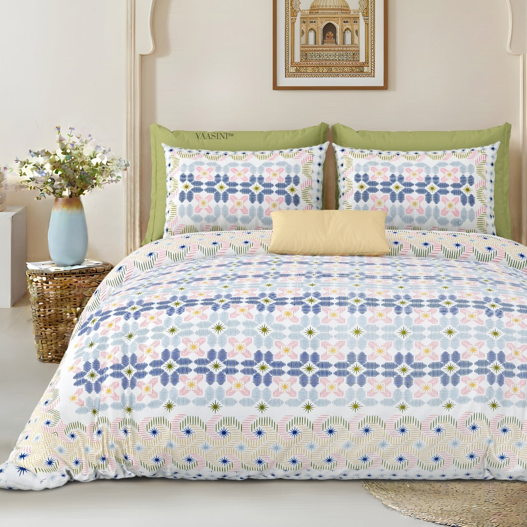 Pixelated Bloom Indigo & Blush Pure Cotton King Size Bedsheet
