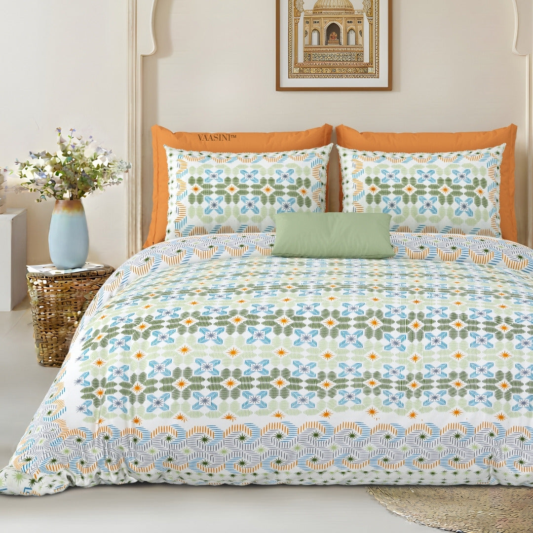 Pixelated Bloom Leaf Green & Amber Pure Cotton King Size Bedsheet
