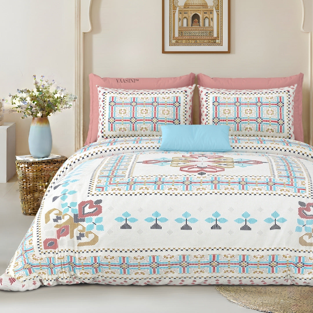 Tribal Frame Sky Blue & Rose Pure Cotton King Size Bedsheet