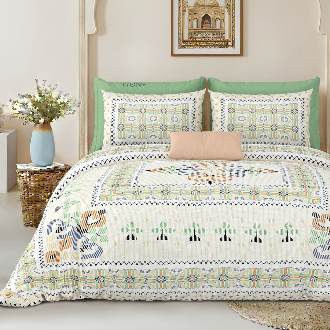 Tribal Frame Emerald & Peach Pure Cotton King Size Bedsheet