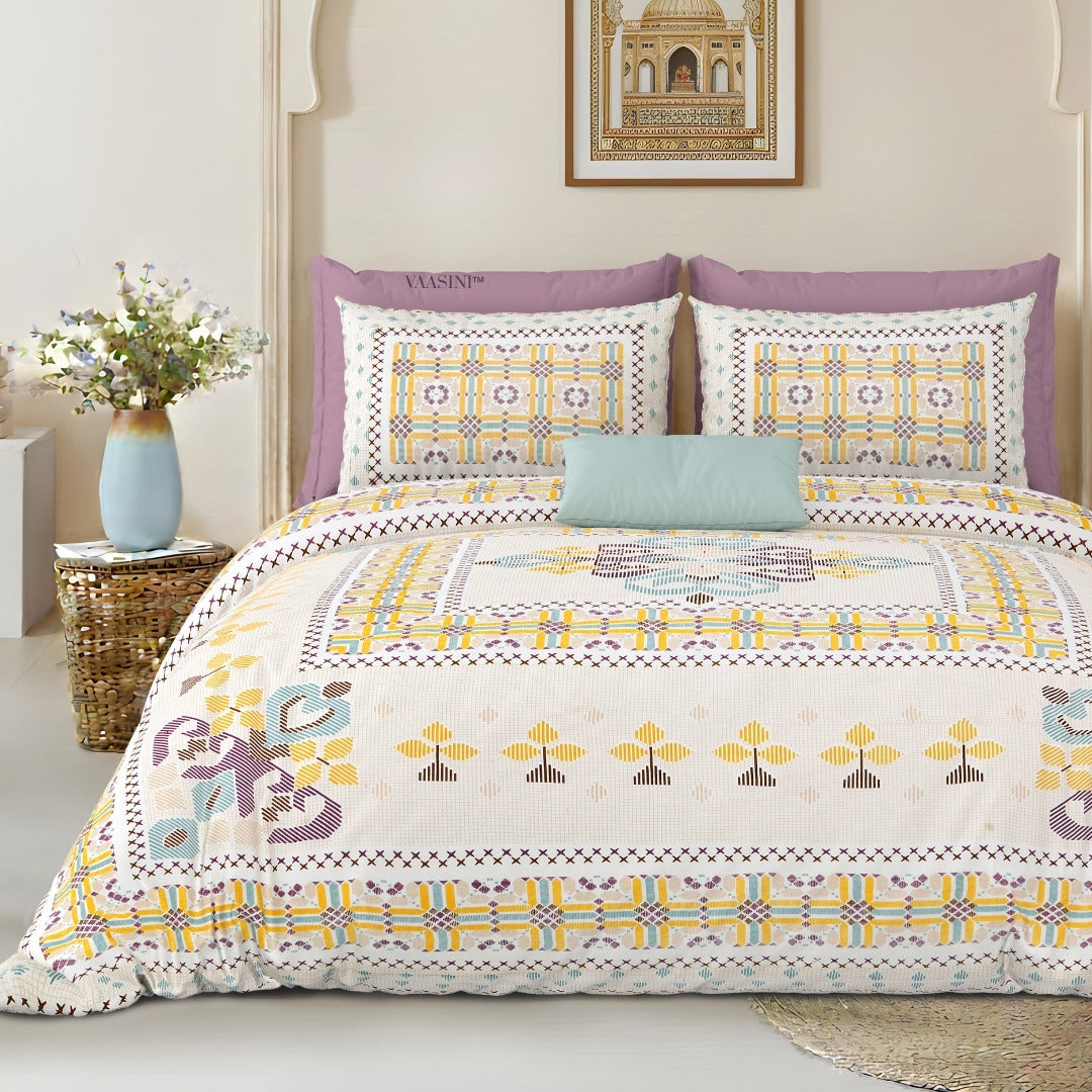 Tribal Frame Lavender & Gold Pure Cotton King Size Bedsheet