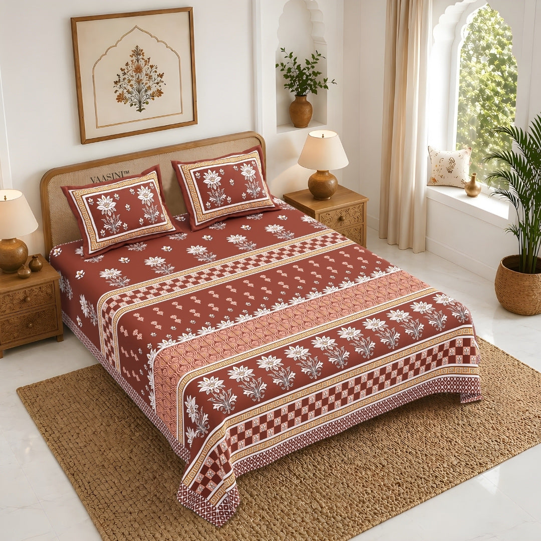 Heritage Bloom Edition Terracotta Rust Premium Pure Cotton King Size Bedsheet