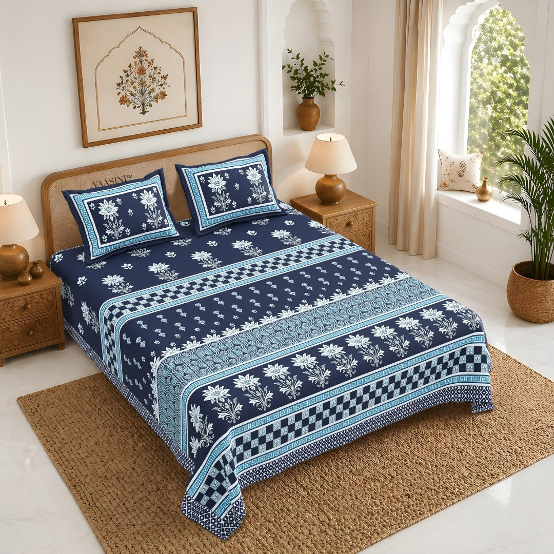 Heritage Bloom Edition Deep Navy & Ocean Blue Premium Pure Cotton King Size Bedsheet