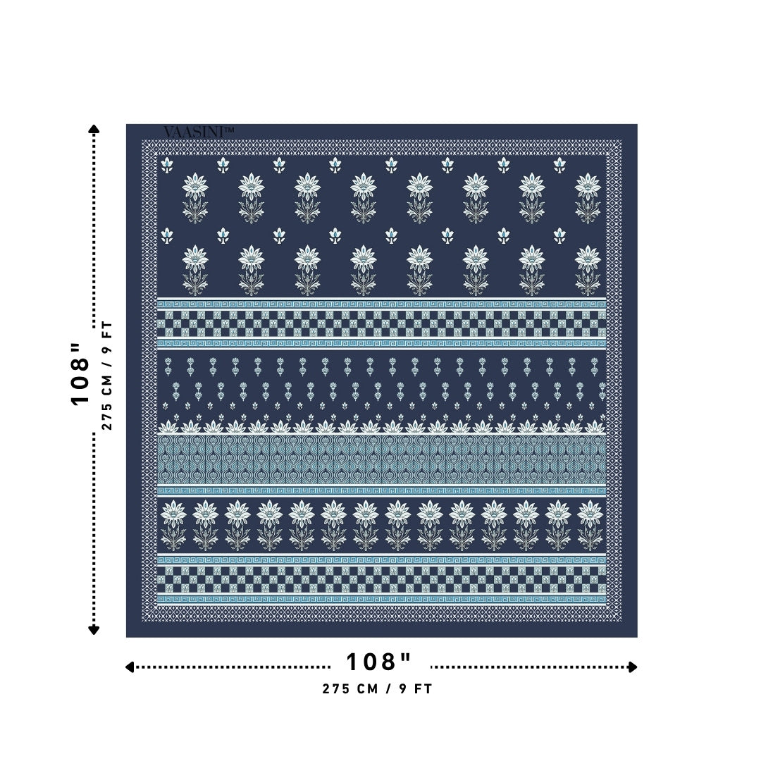 Heritage Bloom Edition Deep Navy & Ocean Blue Premium Pure Cotton King Size Bedsheet