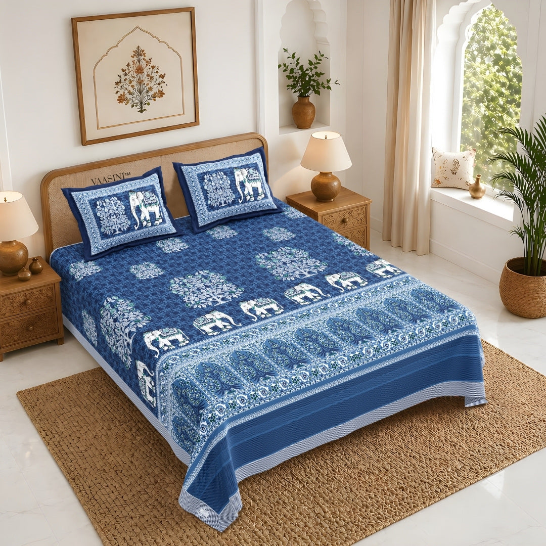 Royal Caravan Elephant Print Cobalt Blue Pure Cotton King Size Bedsheet