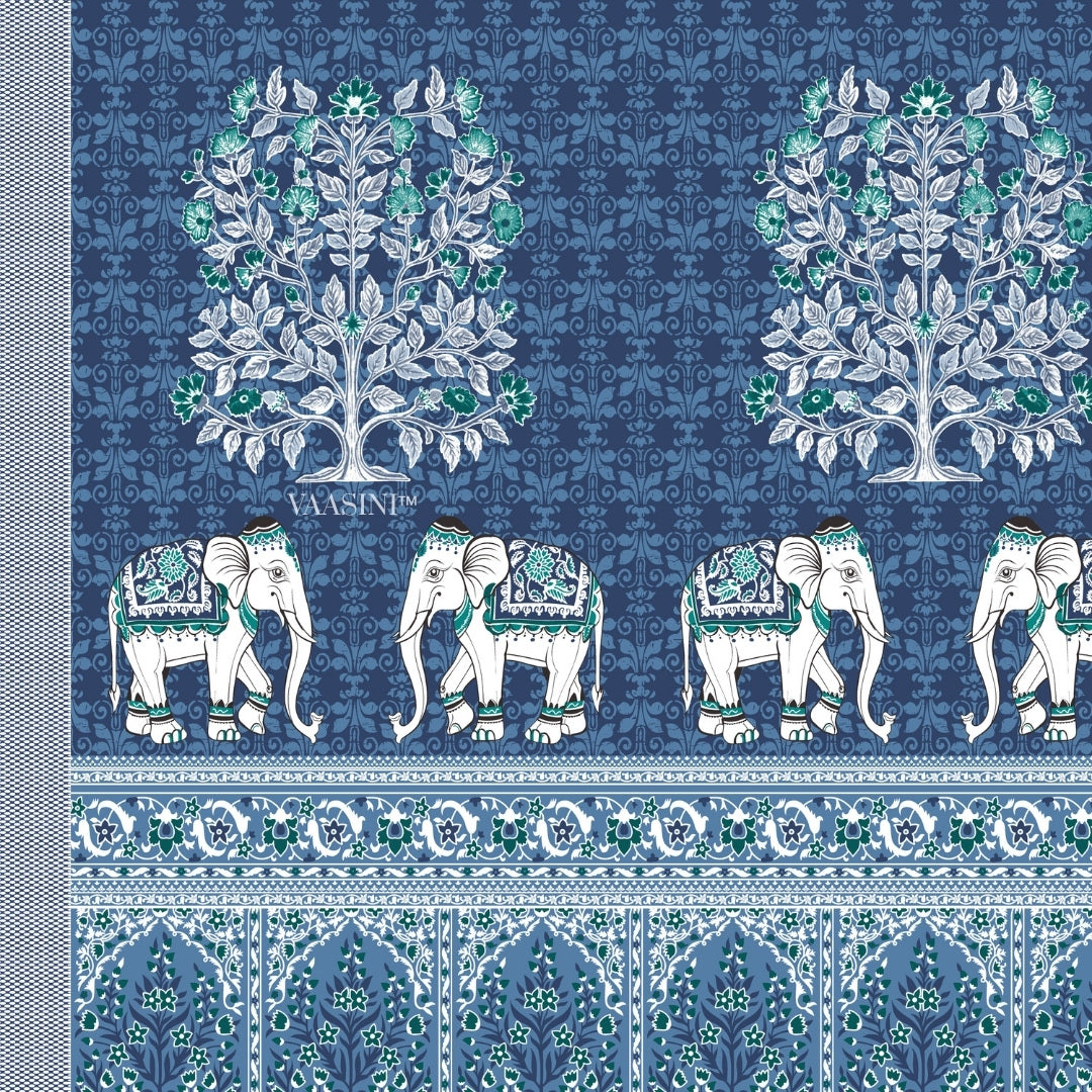 Royal Caravan Elephant Print Cobalt Blue Pure Cotton King Size Bedsheet