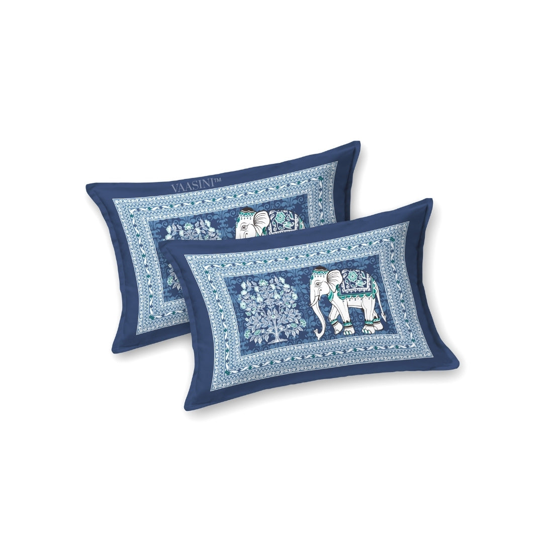 Royal Caravan Elephant Print Cobalt Blue Pure Cotton King Size Bedsheet