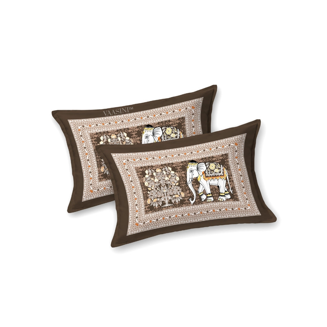 Royal Caravan Elephant Print Earthy Charcoal Pure Cotton King Size Bedsheet