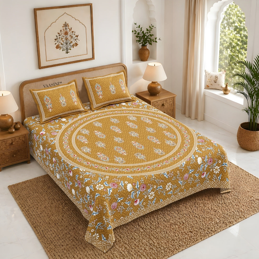 Shahi Darbar Central Medallion Roasted Amber Premium Pure Cotton King Size Bedsheet