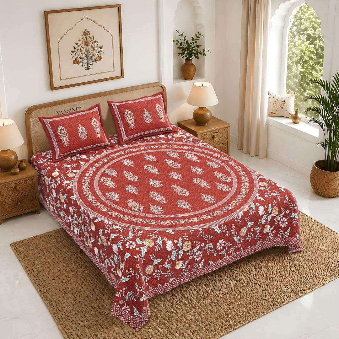 Shahi Darbar Central Medallion Tuscan Ruby Premium Pure Cotton King Size Bedsheet