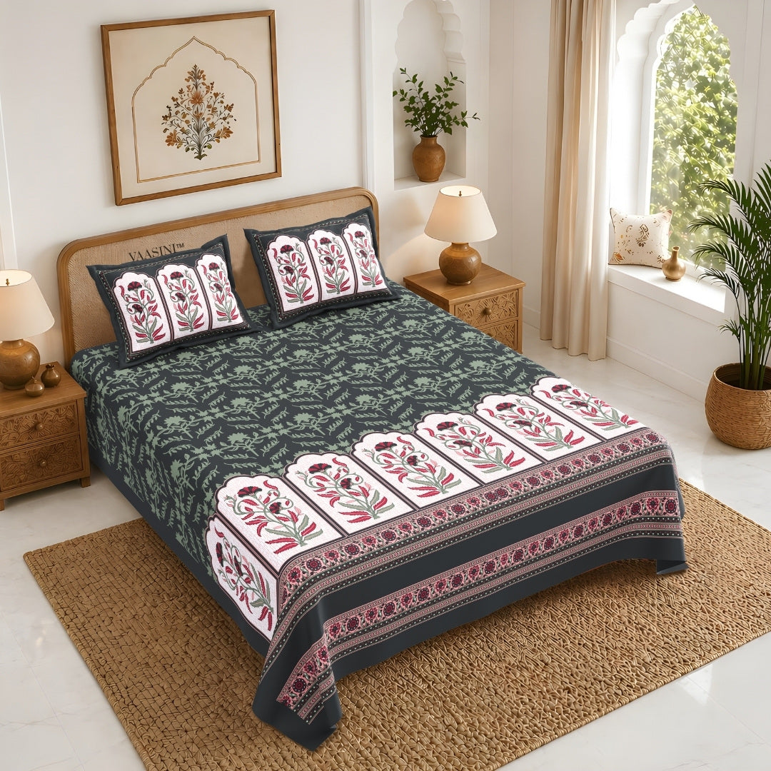 Mehrab Botanical Panel Smoky Juniper Green Premium Pure Cotton King Size Bedsheet