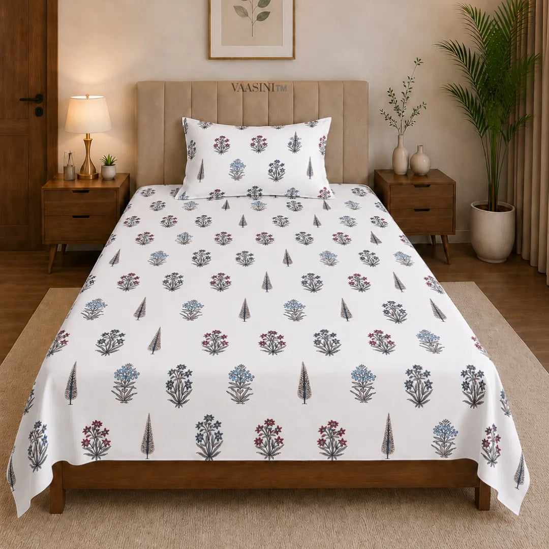 Indigo and Maroon Small Floral Buti Hand Block Print Single Bedsheet