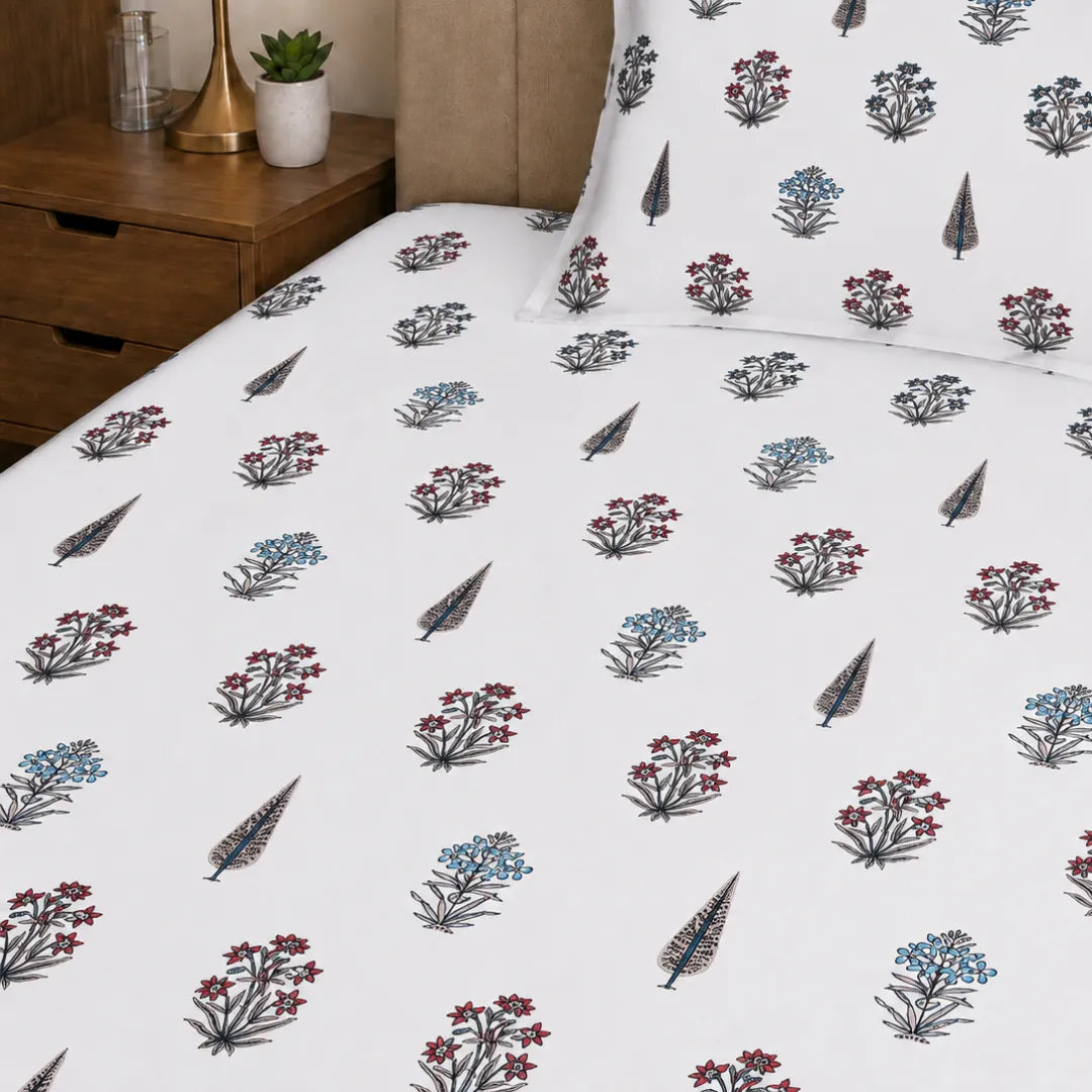 Indigo and Maroon Small Floral Buti Hand Block Print Single Bedsheet