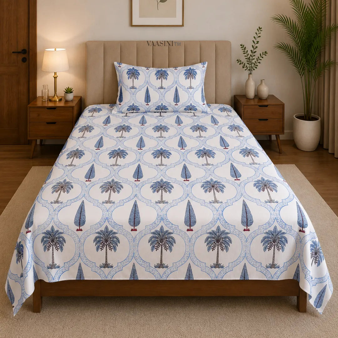 Classic Blue Palm Tree and Cypress Jali Print Single Bedsheet