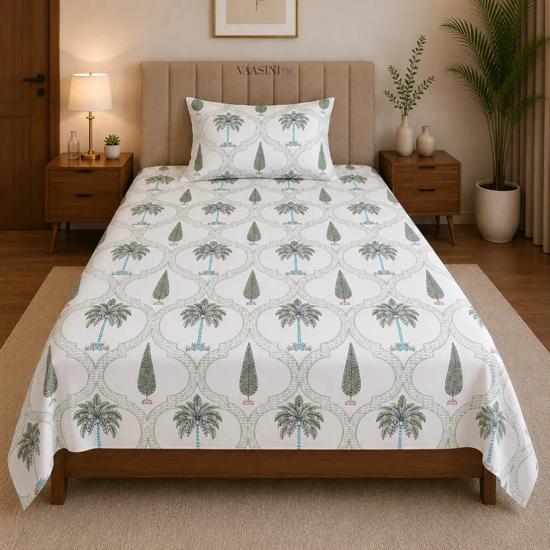 Sage Green Palm Tree and Cypress Geometric Arch Single Bedsheet