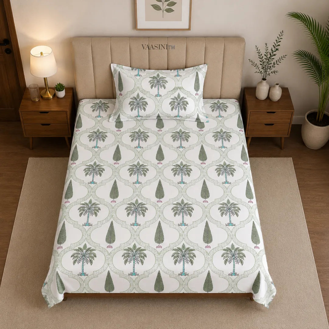 Sage Green Palm Tree and Cypress Geometric Arch Single Bedsheet