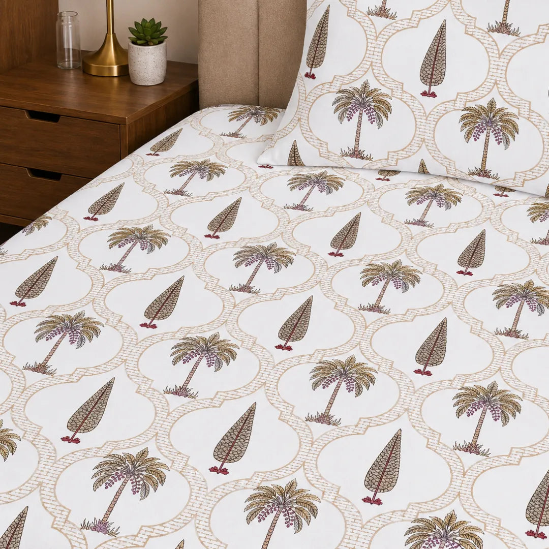 Earth Brass and Brown Palm Tree Traditional Block Print Single Bedsheet