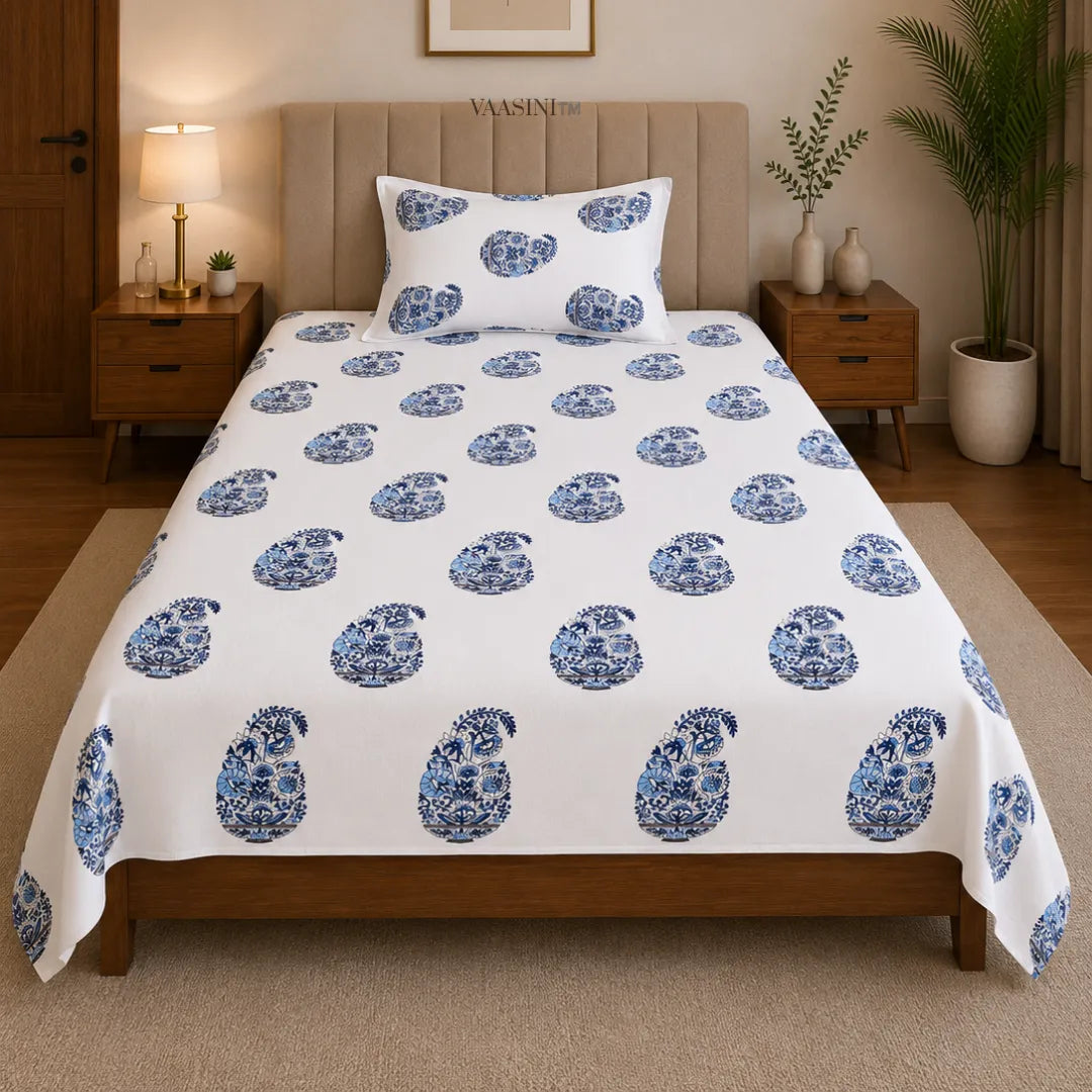 Ocean Blue Soft Buti Paisley Hand Block Print Single Bedsheet