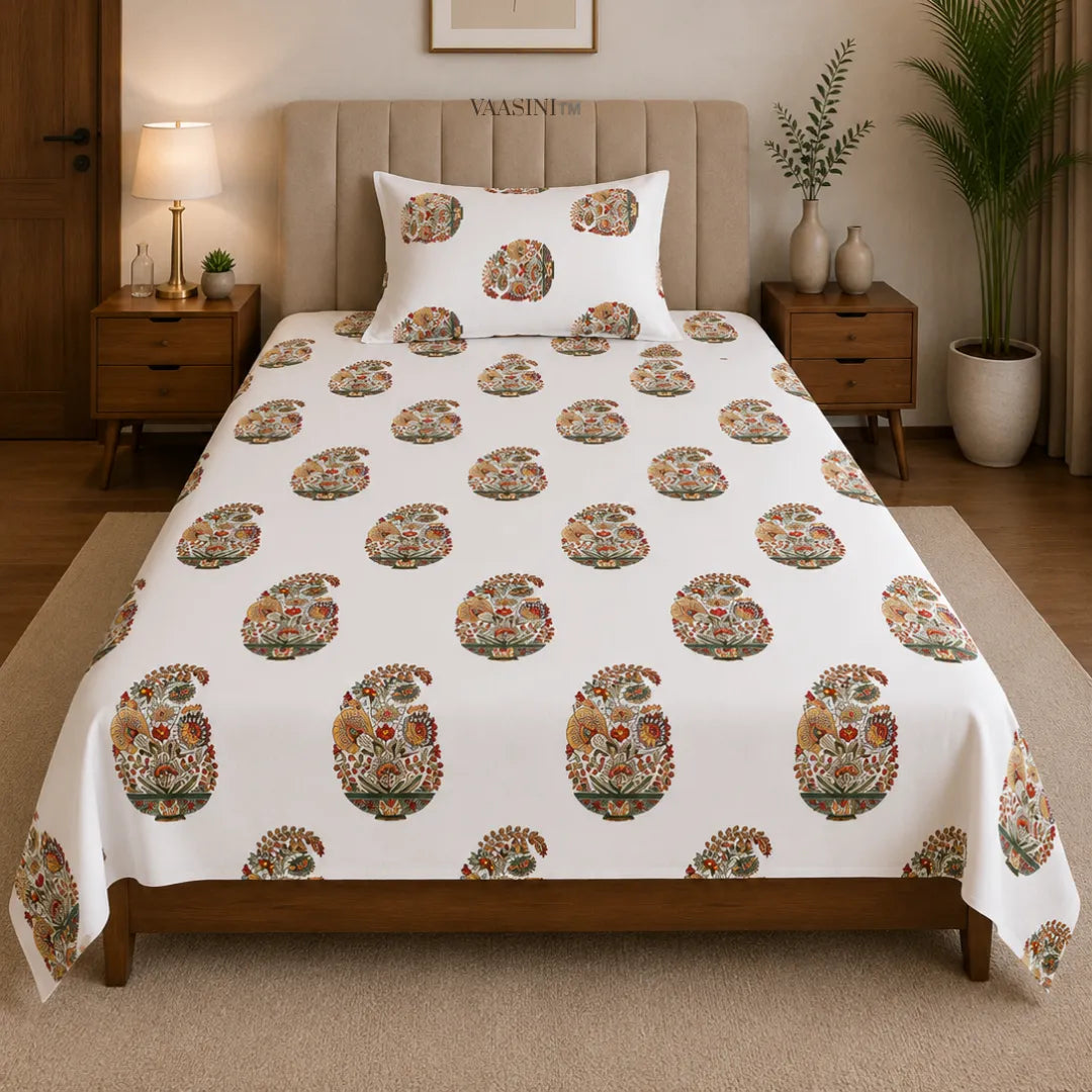 Marigold and Forest Green Heritage Mughal Paisley Single Bedsheet
