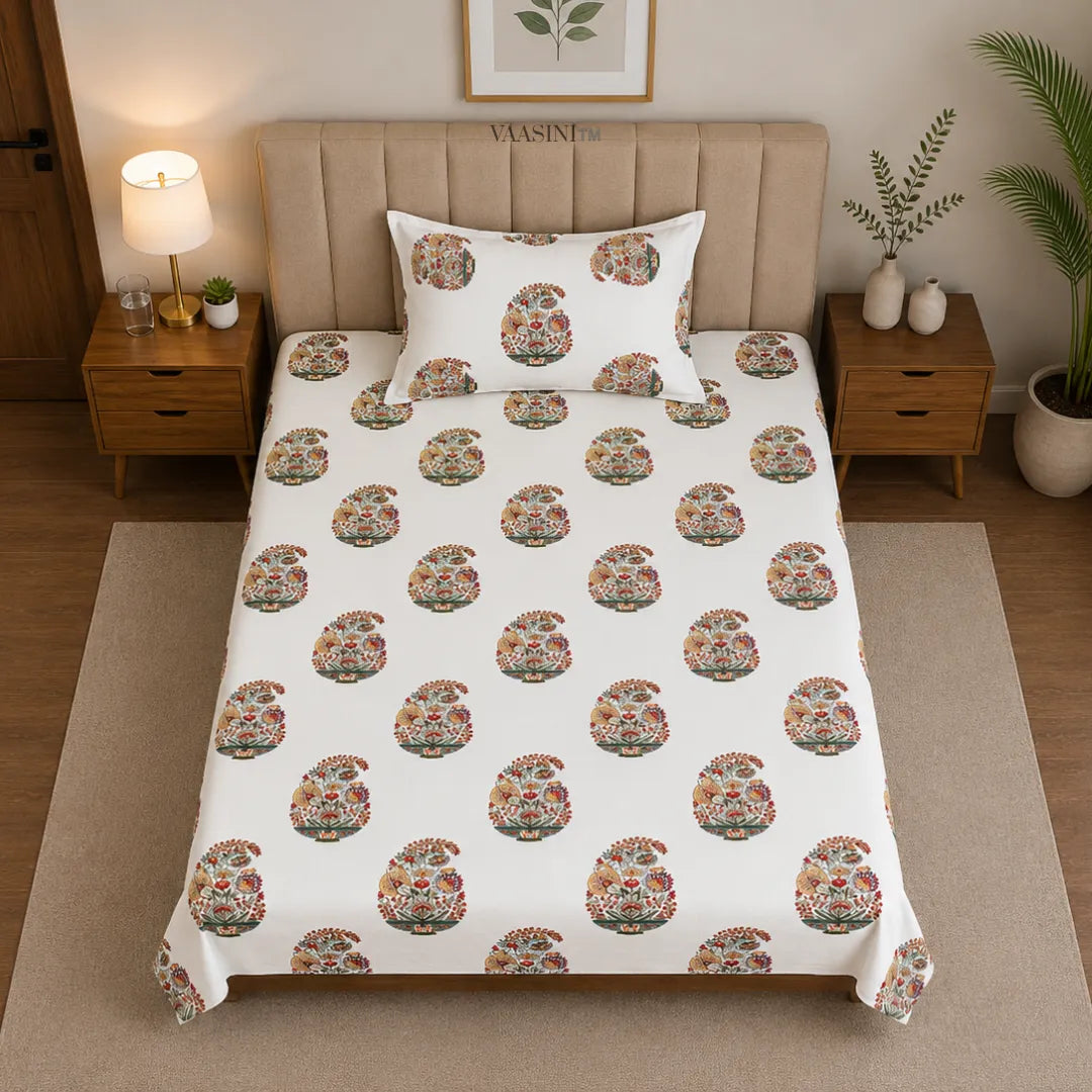 Marigold and Forest Green Heritage Mughal Paisley Single Bedsheet