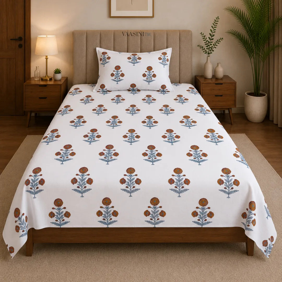 Rust Orange and Slate Blue Vintage Floral Stem Single Bedsheet