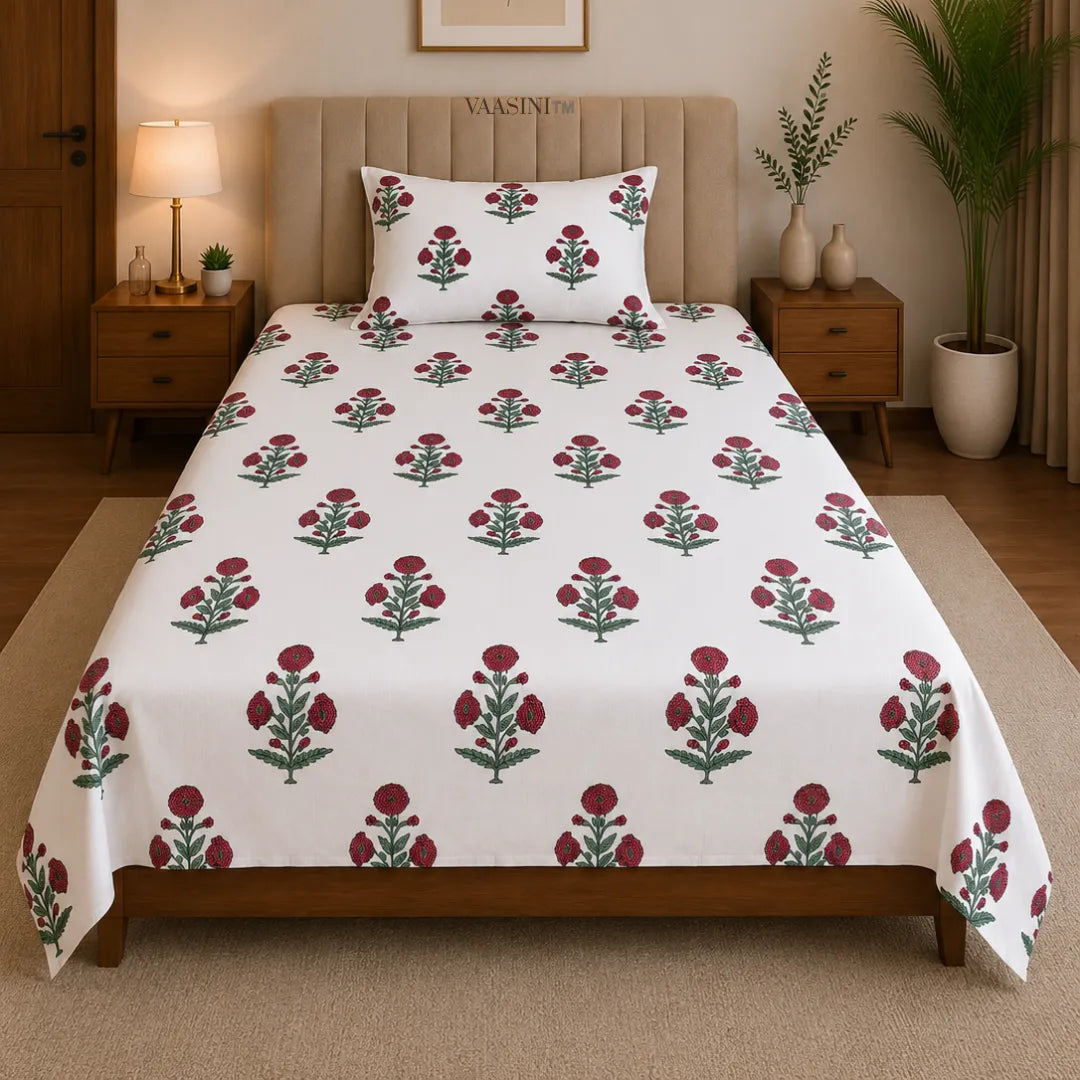 Crimson Red Mughal Rose Boota Hand Block Print Single Bedsheet