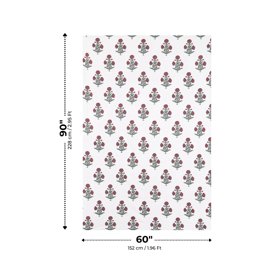 Crimson Red Mughal Rose Boota Hand Block Print Single Bedsheet