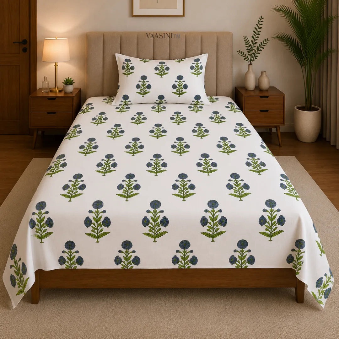 Indigo Blue Marigold Floral Buti Traditional Single Bedsheet