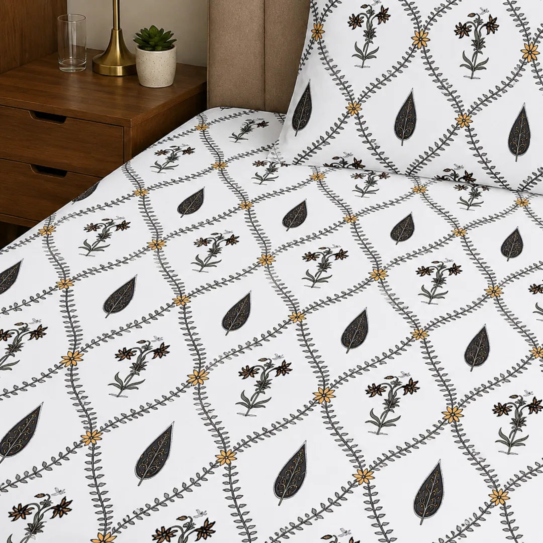 Charcoal Black Floral Vine Jali and Leaf Motif Single Bedsheet
