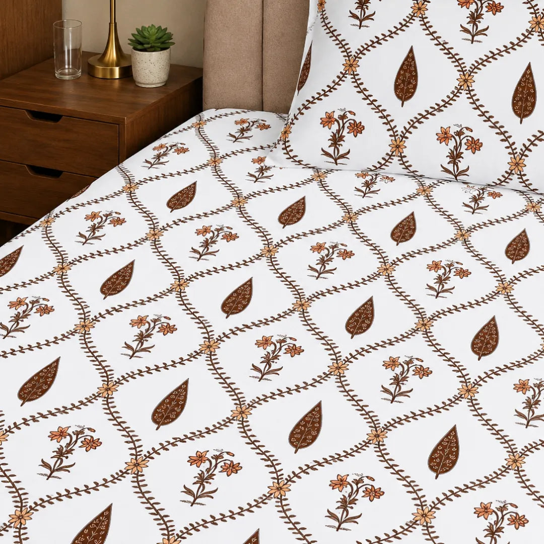 Earthy Terracotta and Brown Vine Net Block Print Single Bedsheet