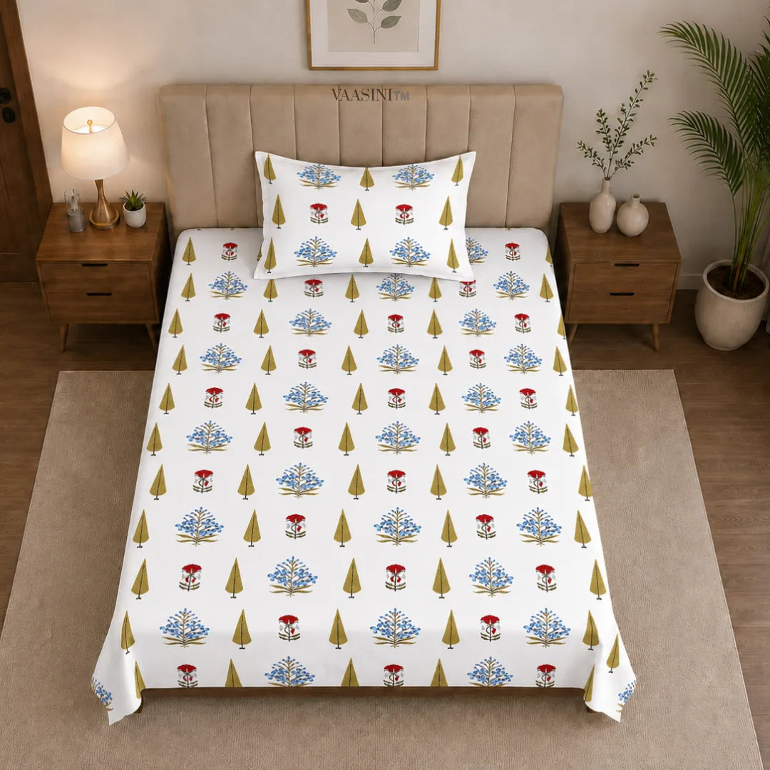 Sky Blue Floral Boota and Mustard Cypress Tree Single Bedsheet