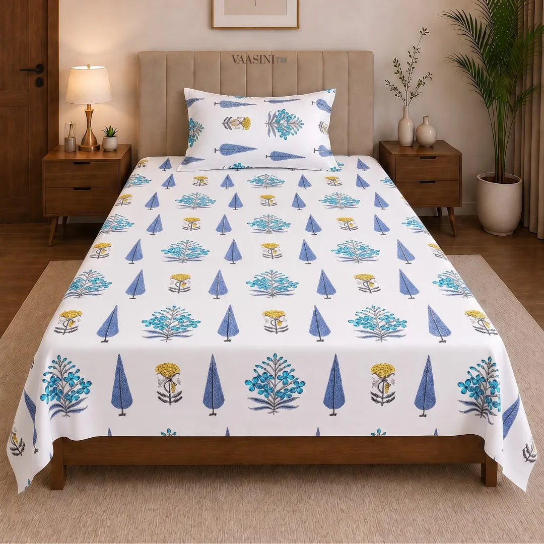 Classic Indigo Floral Cluster and Cobalt Cypress Tree Single Bedsheet